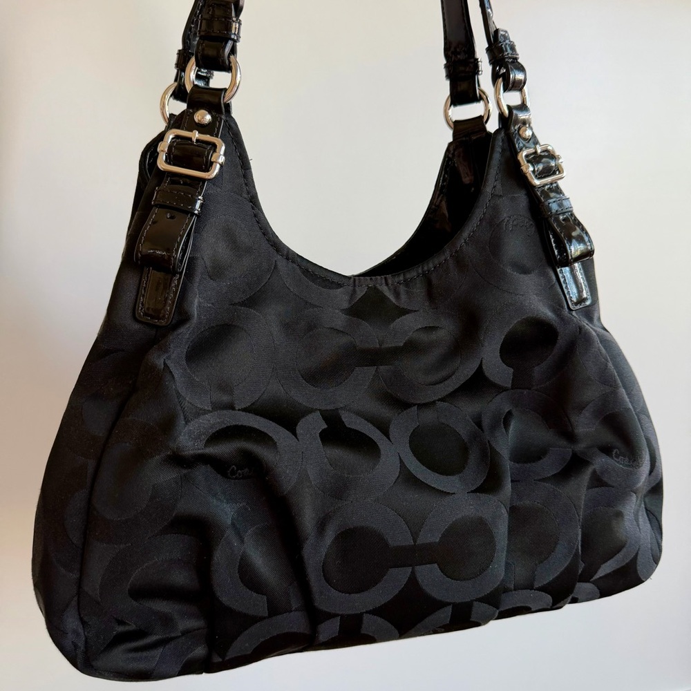 Coach Black Madison Op Art Sateen Maggie Shoulder Bag with Silver Accents - Picture 3 of 16